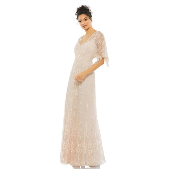 Mac Duggal Dresses & Skirts - Mac Duggal v neck Embellished Flutter Sleeve Gown Size 14 Soft Blush Pink